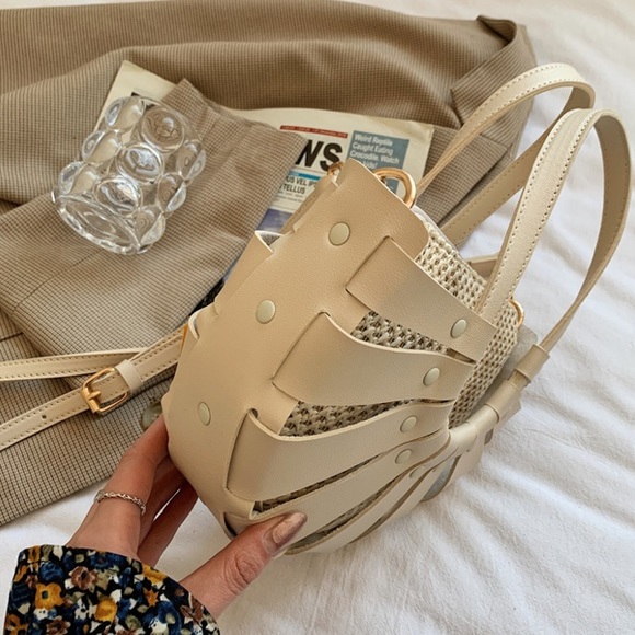 Bags Last One Beige Vegan Leather Rattan Semi Circle Crossbody Bag